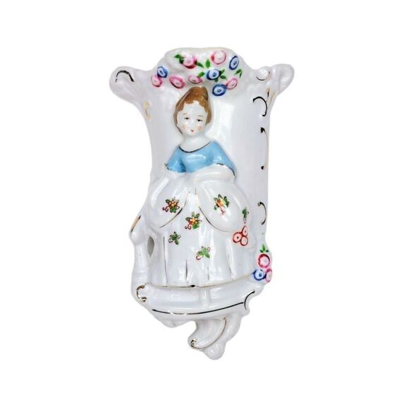 VTG 40s Hand Painted  Porcelain Victorian Lady & Flowers Pocket Wall Vase Japan - Picture 2 of 11